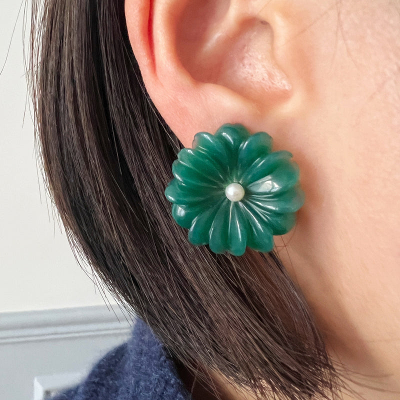 18K gold green chrysoprase pearl flower earrings