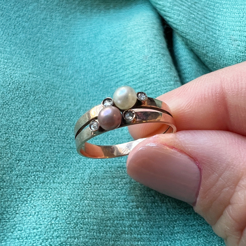 Victorian 18K gold natural pearl diamond ring