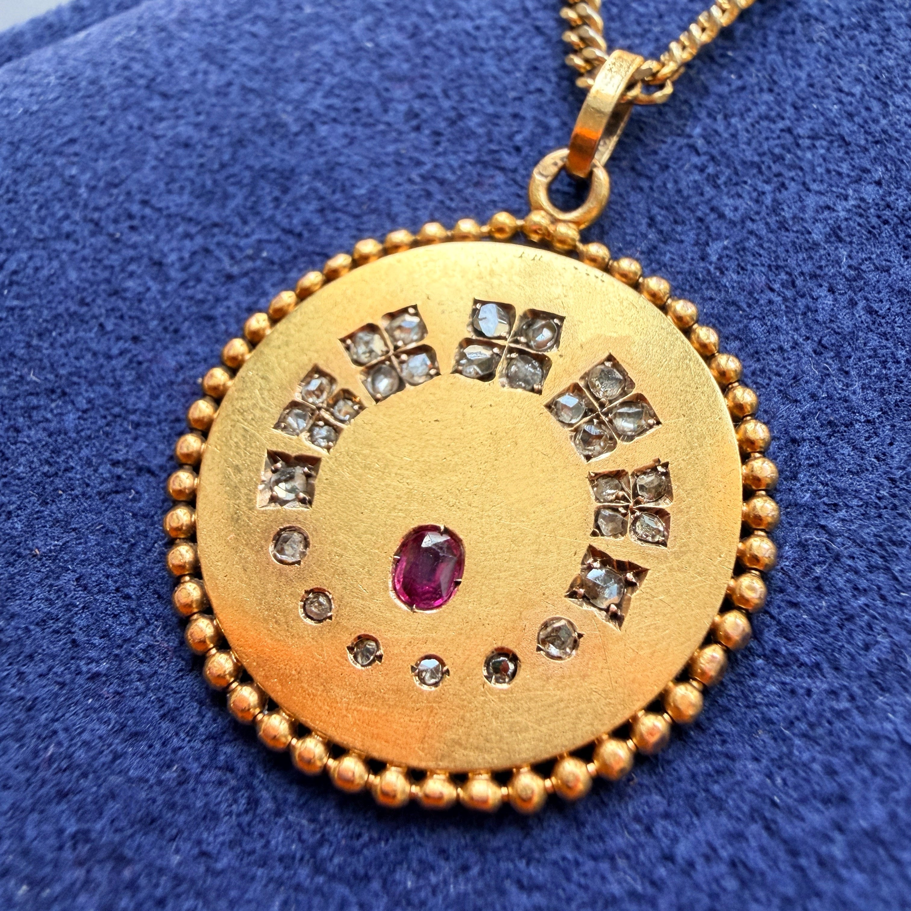 Antique 18K gold diamond ruby pendant