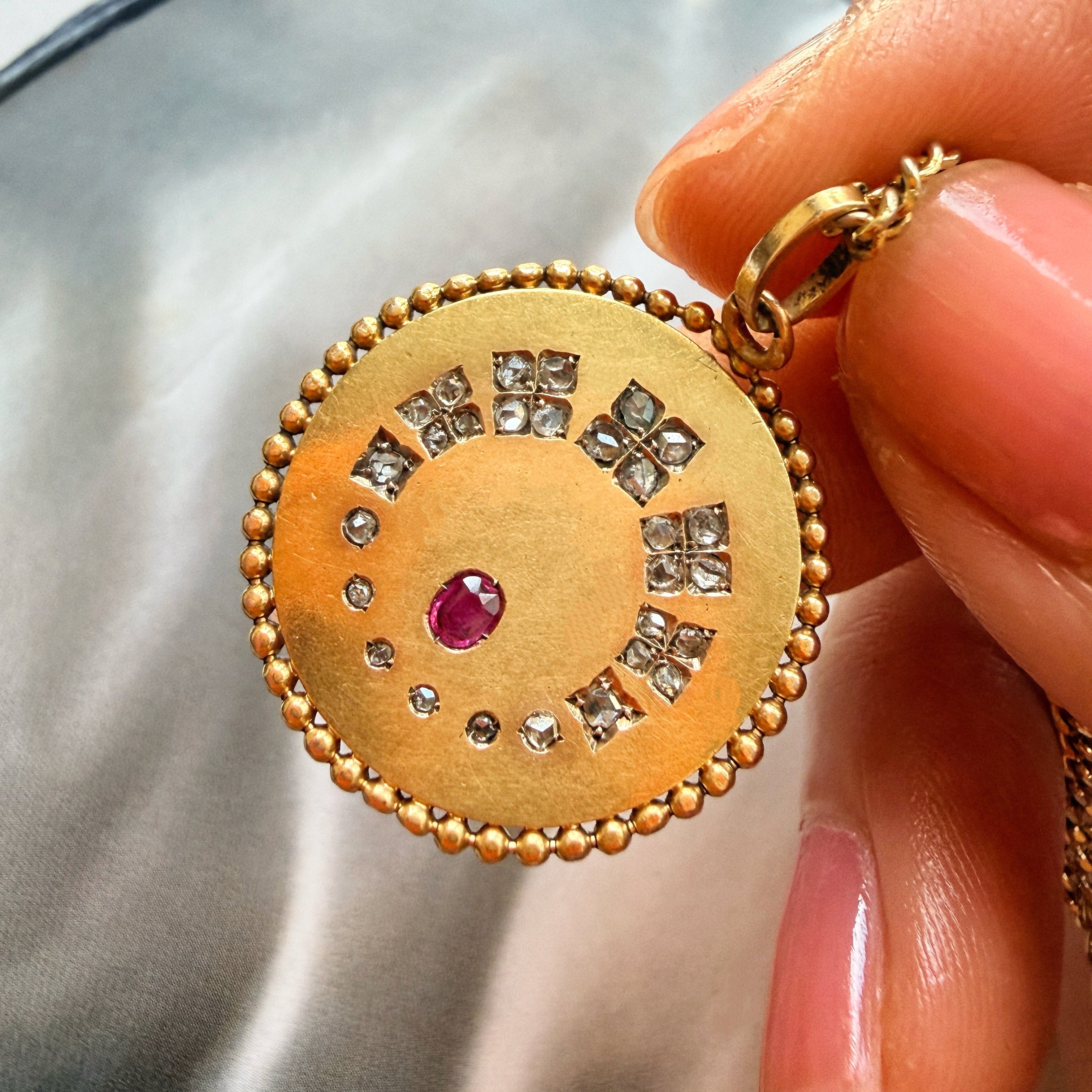 Antique 18K gold diamond ruby pendant