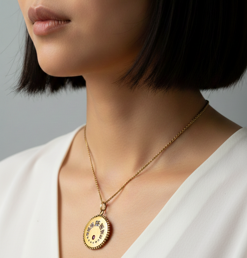 Antique 18K gold diamond ruby pendant