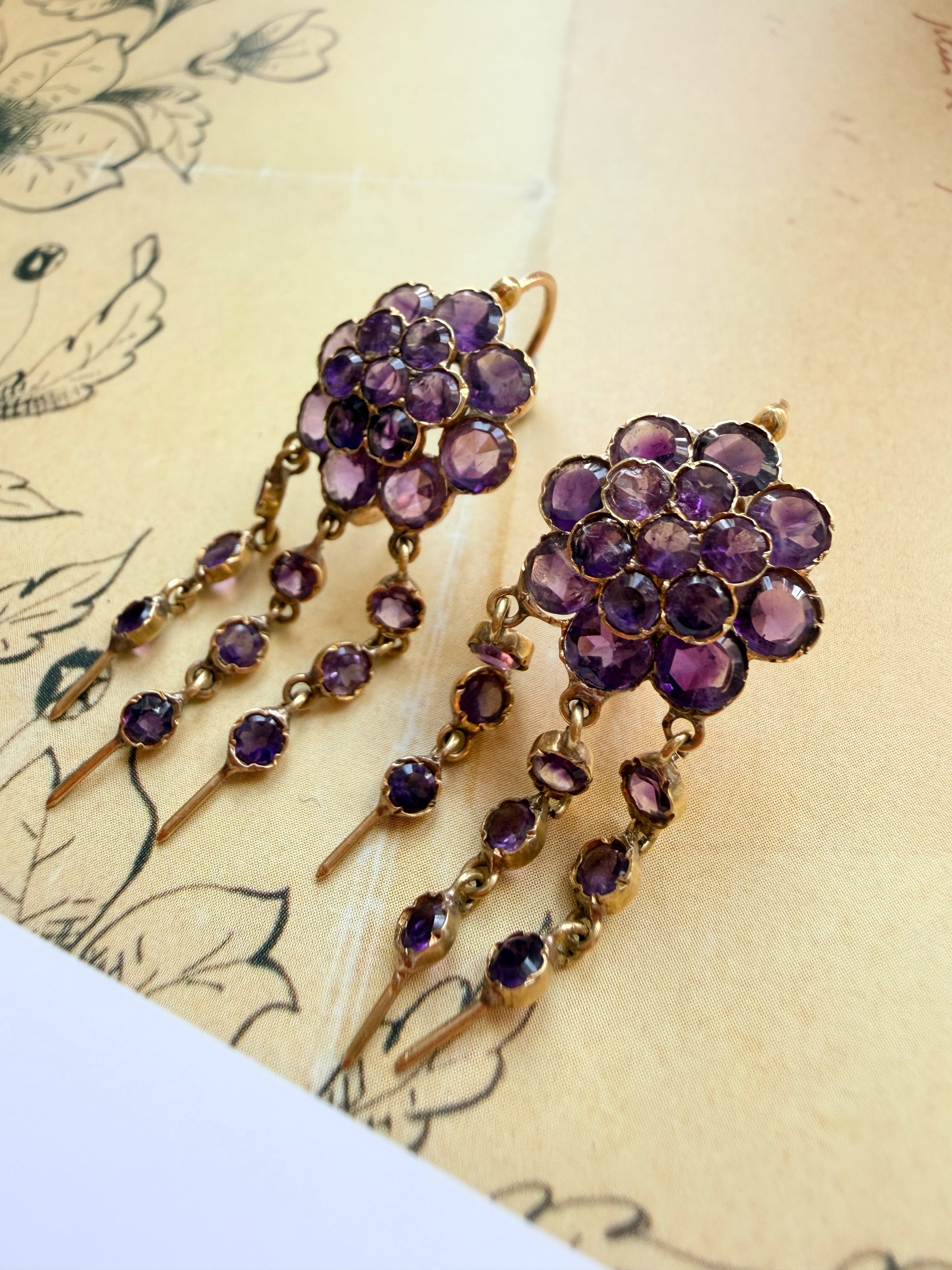 Victorian era 18K gold amethyst brooch earrings set