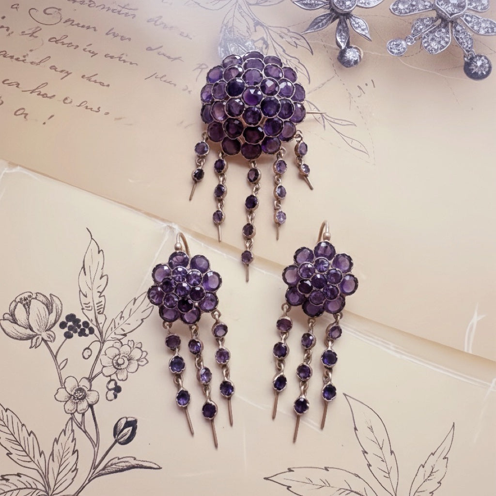Victorian era 18K gold amethyst brooch earrings set