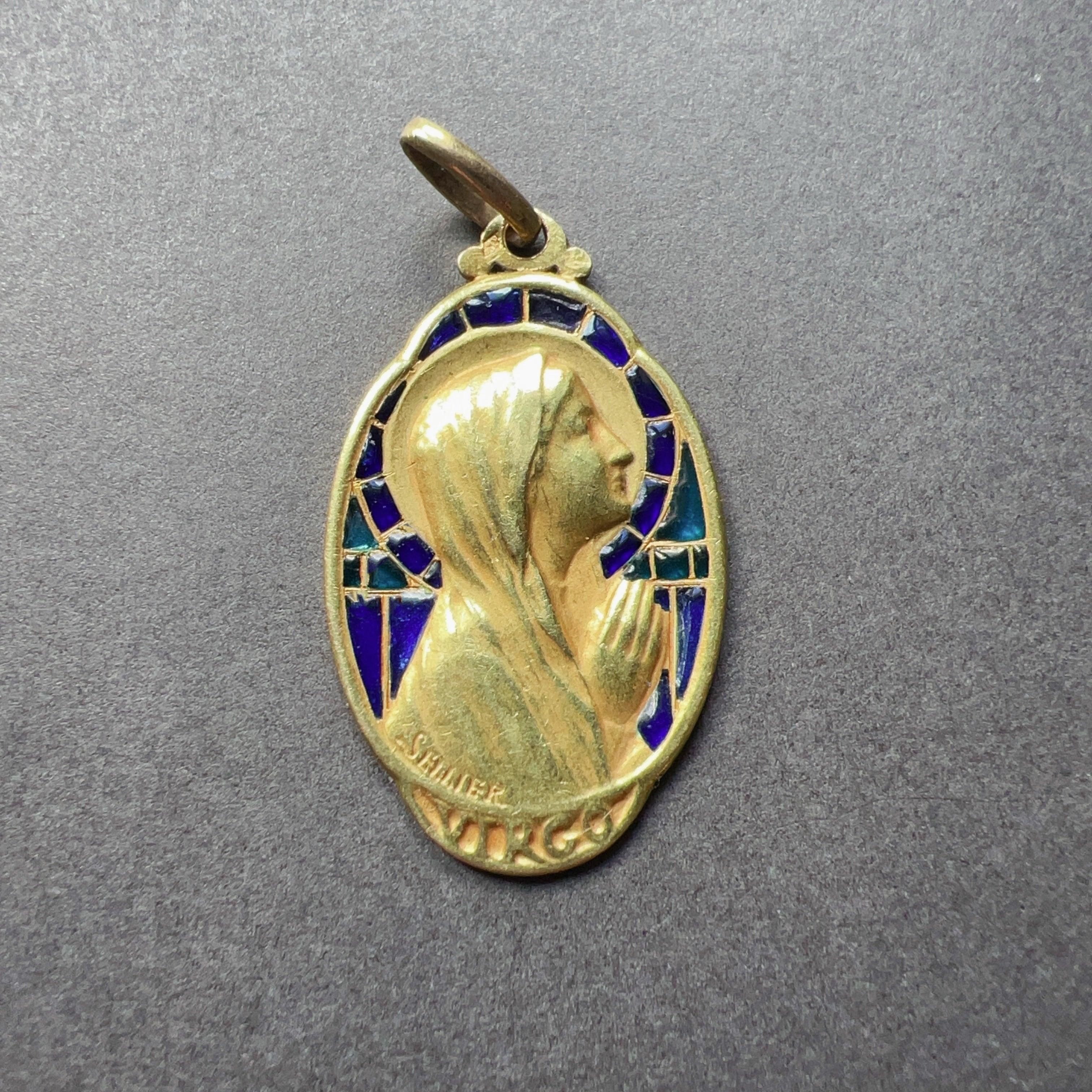 Antique 18K plique à jour enamel signed SELLIER Virgin Mary pendant - Curiously timeless