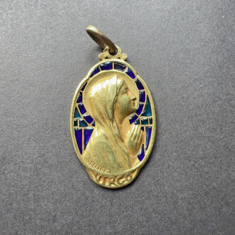 Antique 18K plique à jour enamel signed SELLIER Virgin Mary pendant