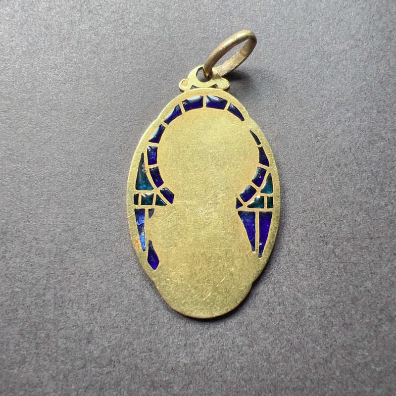 Antique 18K plique à jour enamel signed SELLIER Virgin Mary pendant