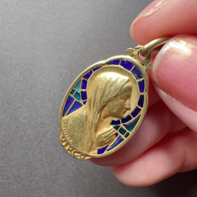 Antique 18K plique à jour enamel signed SELLIER Virgin Mary pendant