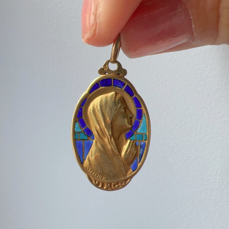 Antique 18K plique à jour enamel signed SELLIER Virgin Mary pendant