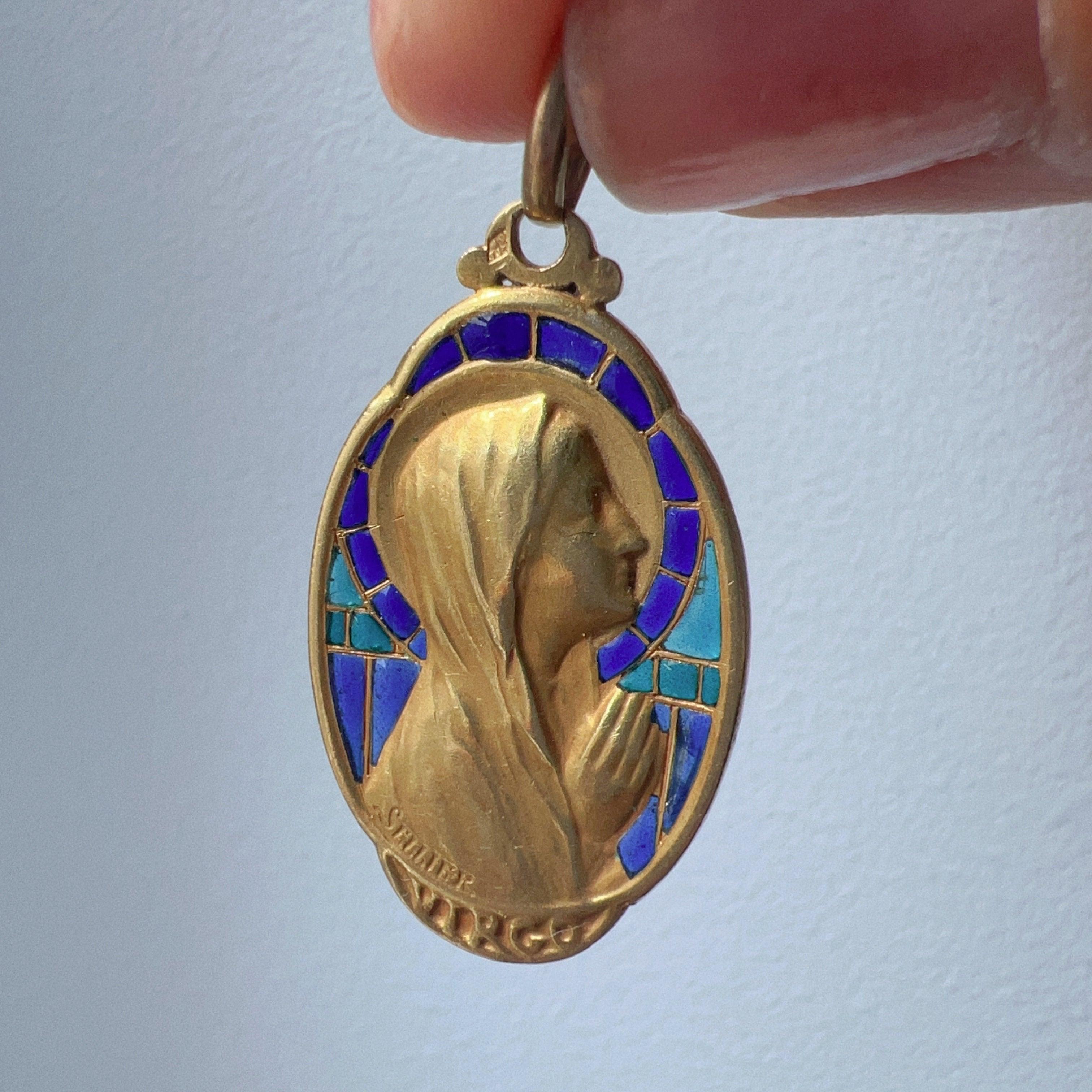 Antique 18K plique à jour enamel signed SELLIER Virgin Mary pendant - Curiously timeless