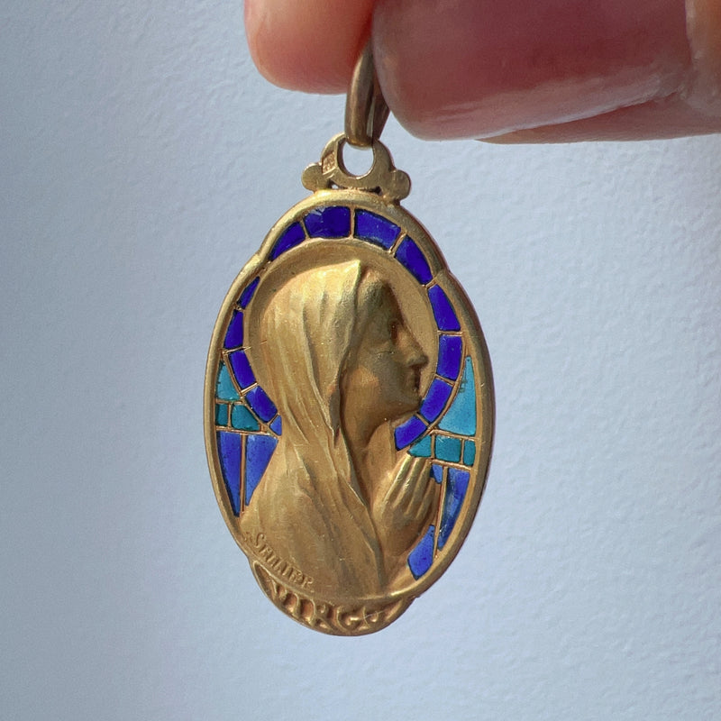 Antique 18K plique à jour enamel signed SELLIER Virgin Mary pendant