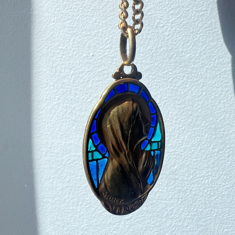 Antique 18K plique à jour enamel signed SELLIER Virgin Mary pendant