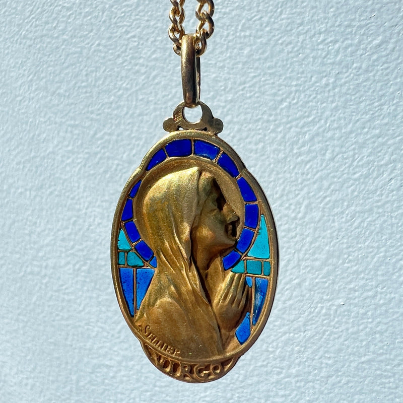 Antique 18K plique à jour enamel signed SELLIER Virgin Mary pendant