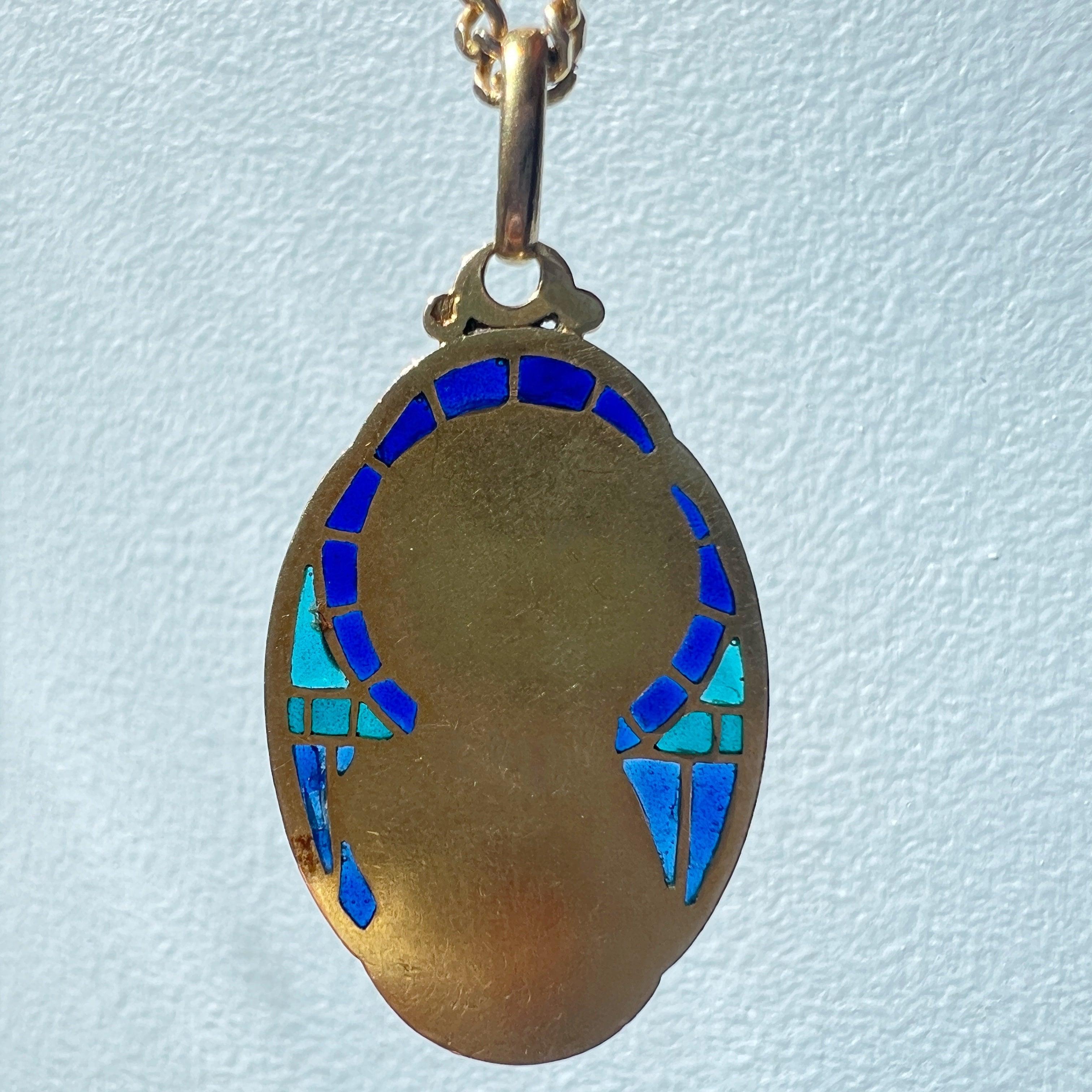 Antique 18K plique à jour enamel signed SELLIER Virgin Mary pendant - Curiously timeless