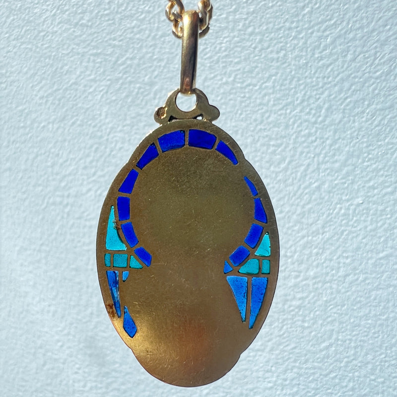 Antique 18K plique à jour enamel signed SELLIER Virgin Mary pendant