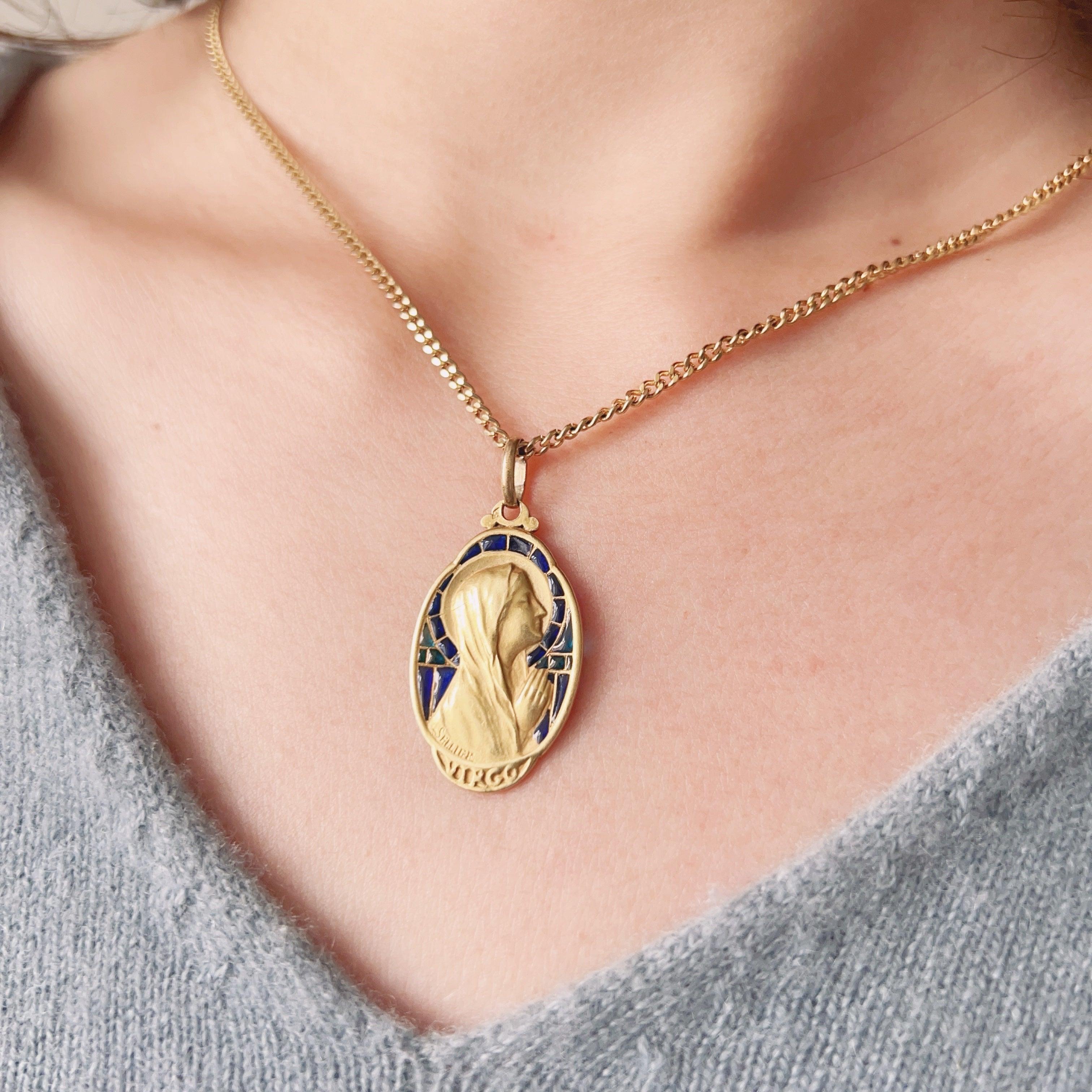 Antique 18K plique à jour enamel signed SELLIER Virgin Mary pendant - Curiously timeless