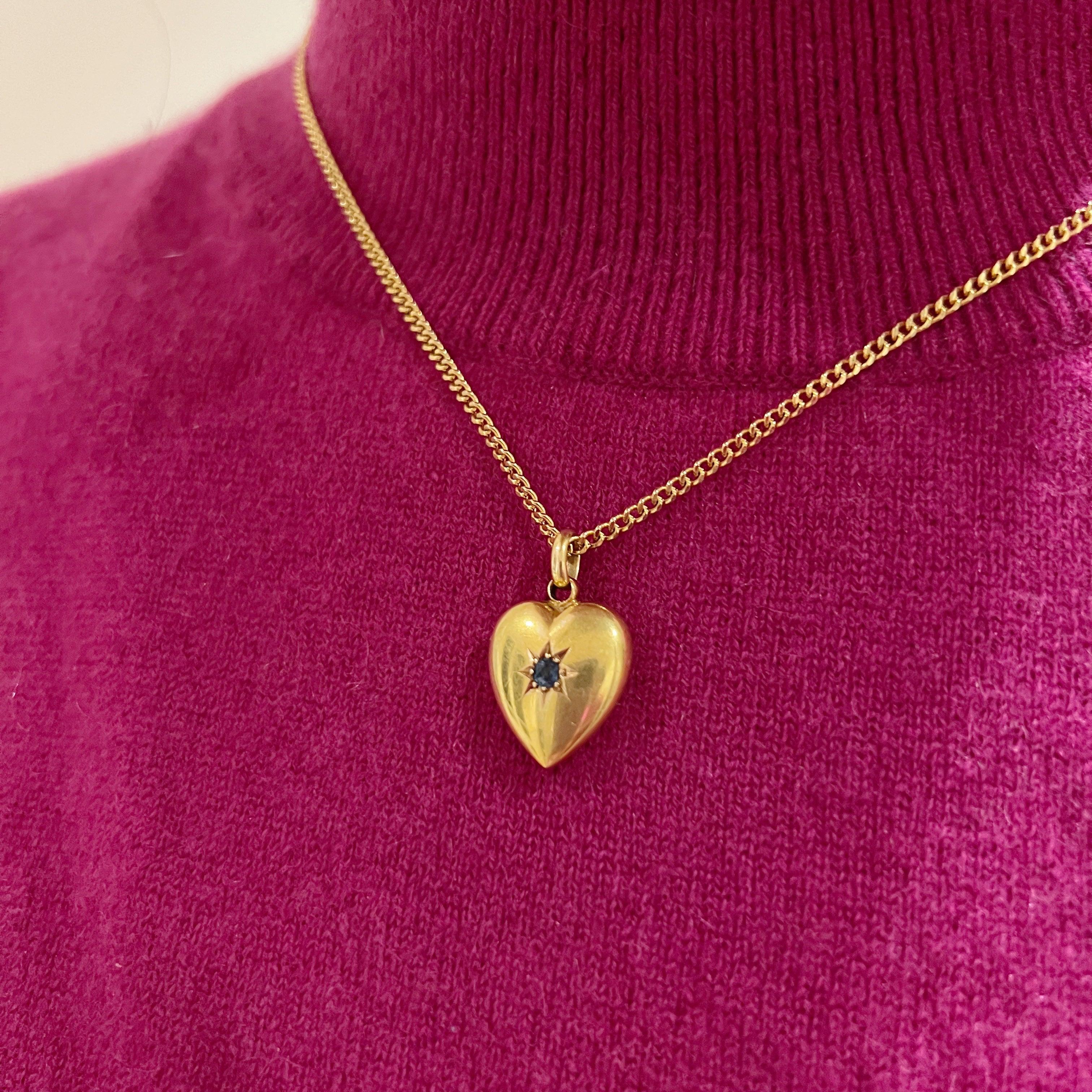 Edwardian 15K gold blue sapphire puffy heart pendant - Curiously timeless