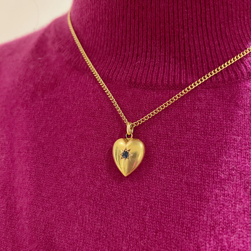 Edwardian 15K gold blue sapphire puffy heart pendant