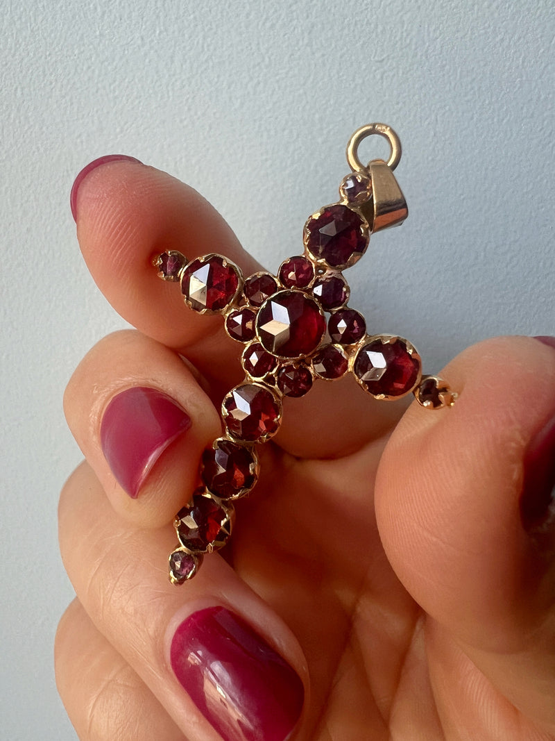 Victorian era 18K Perpignan garnet floral cross pendant