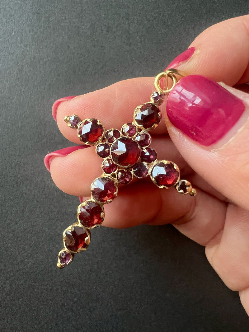 Victorian era 18K Perpignan garnet floral cross pendant