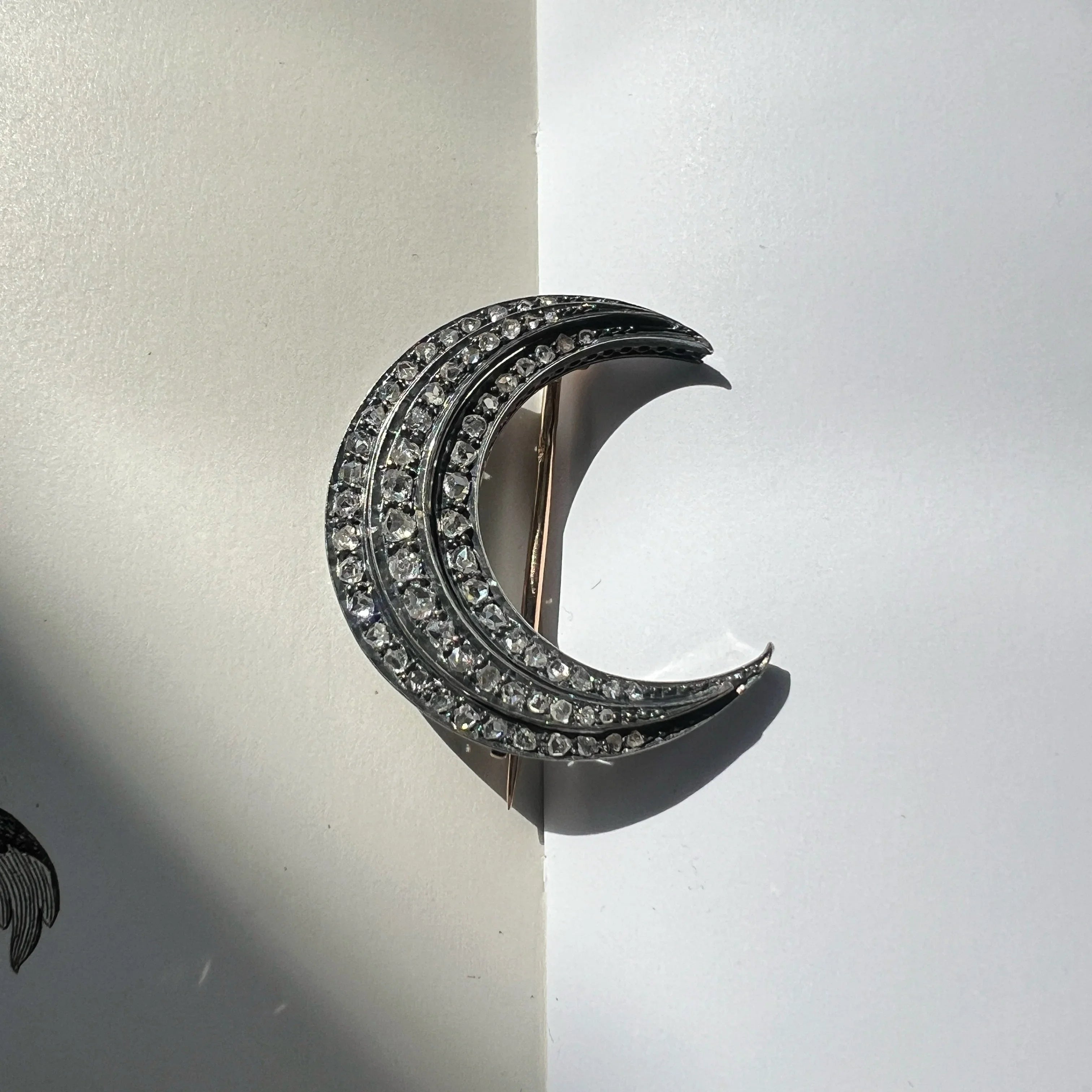 Victorian 18K Gold Rose-Cut Diamond Crescent Moon Brooch 