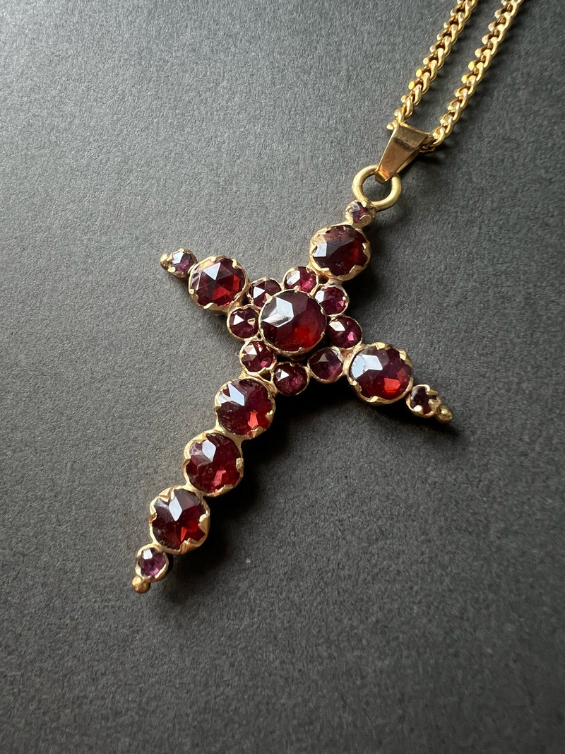 Victorian era 18K Perpignan garnet floral cross pendant