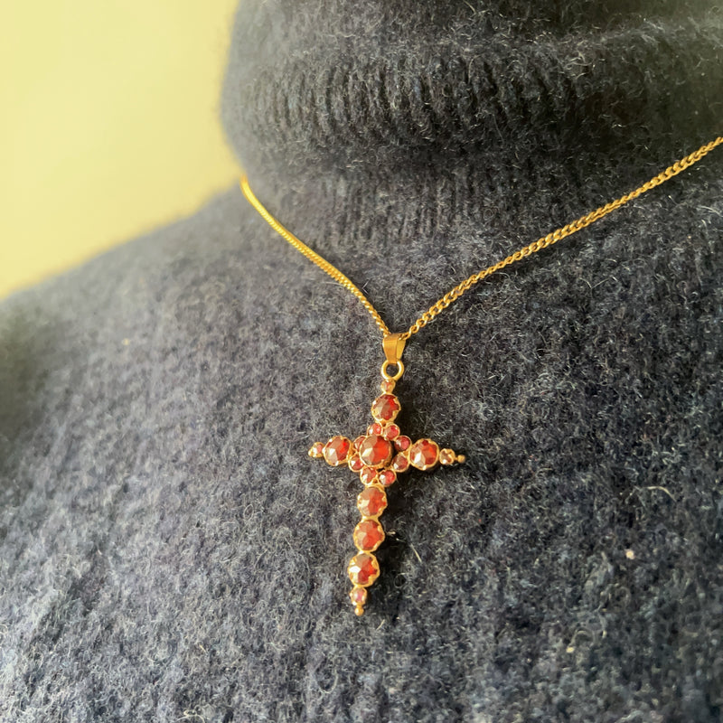 Victorian era 18K Perpignan garnet floral cross pendant