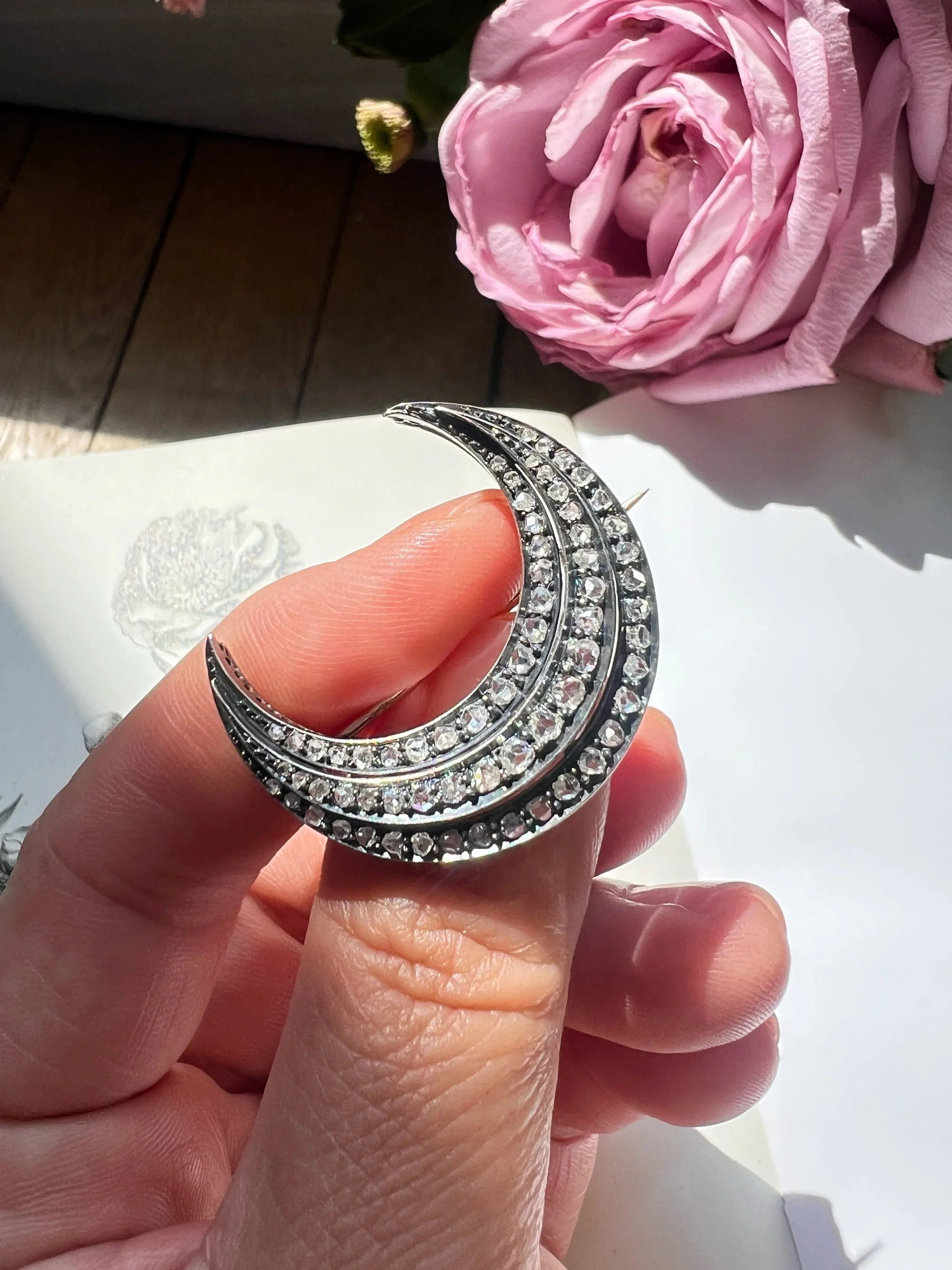 Victorian 18K Gold Rose-Cut Diamond Crescent Moon Brooch 