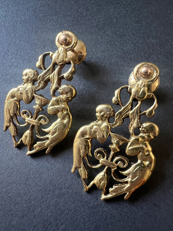 Antique 18K gold angels holding a cup earrings