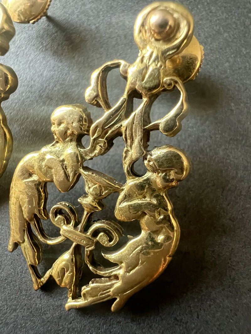 Antique 18K gold angels holding a cup earrings