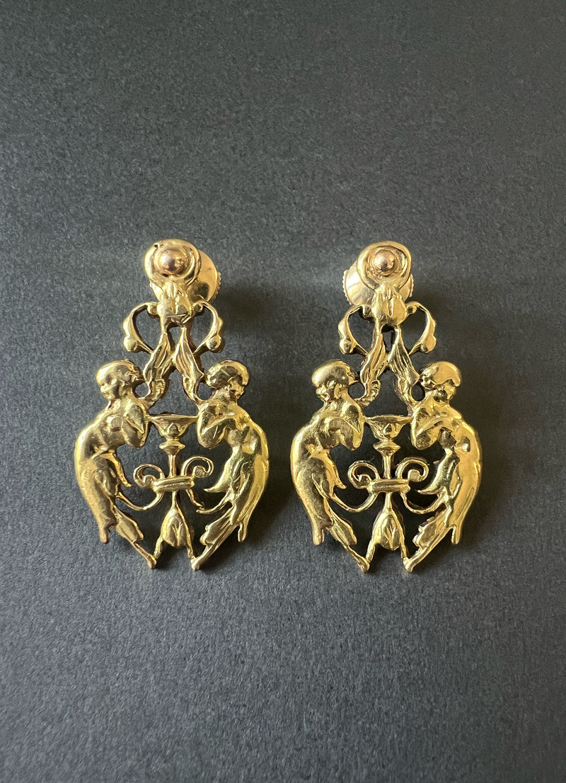 Antique 18K gold angels holding a cup earrings