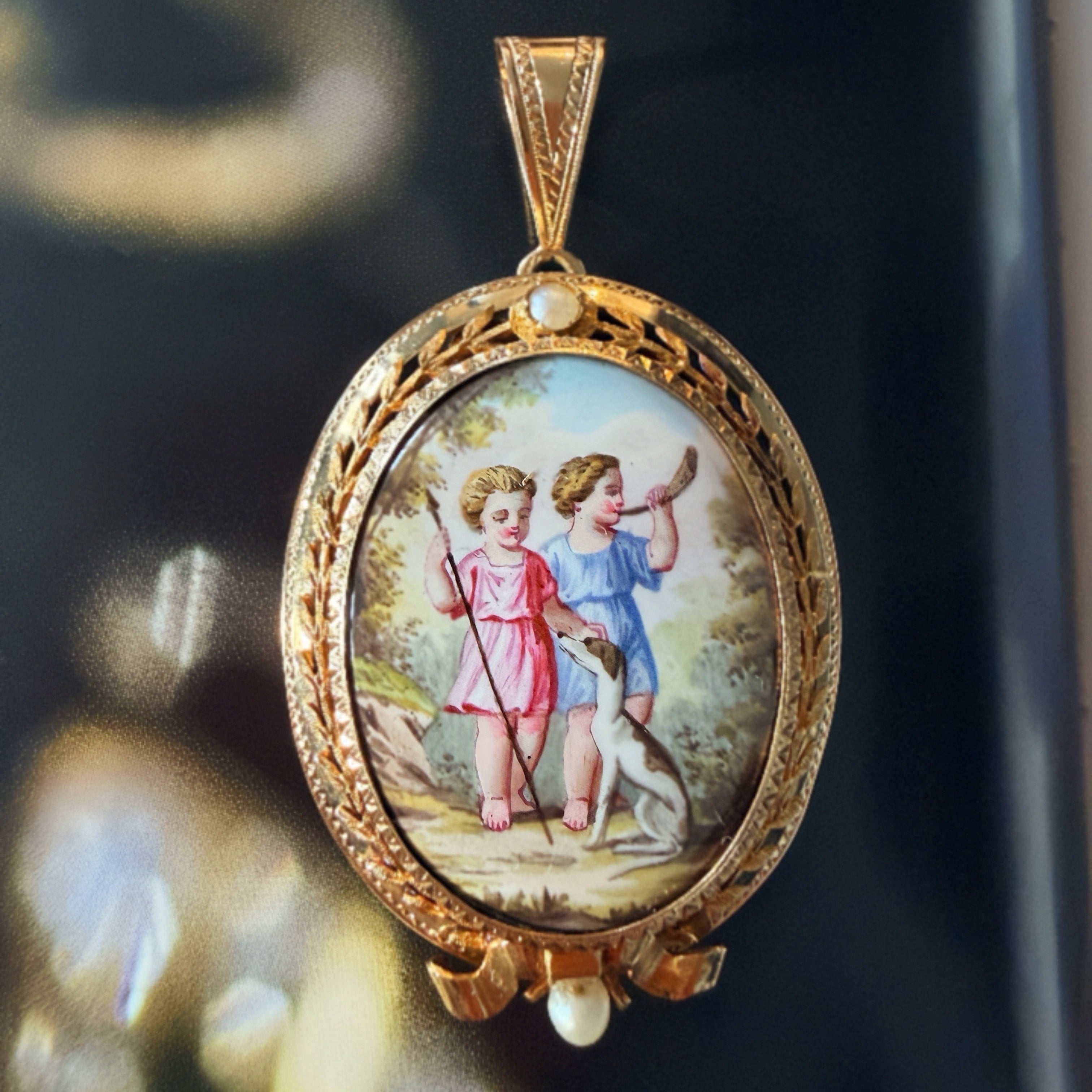Victorian 18K Gold Enamel Cherubs & Dog Locket Pendant