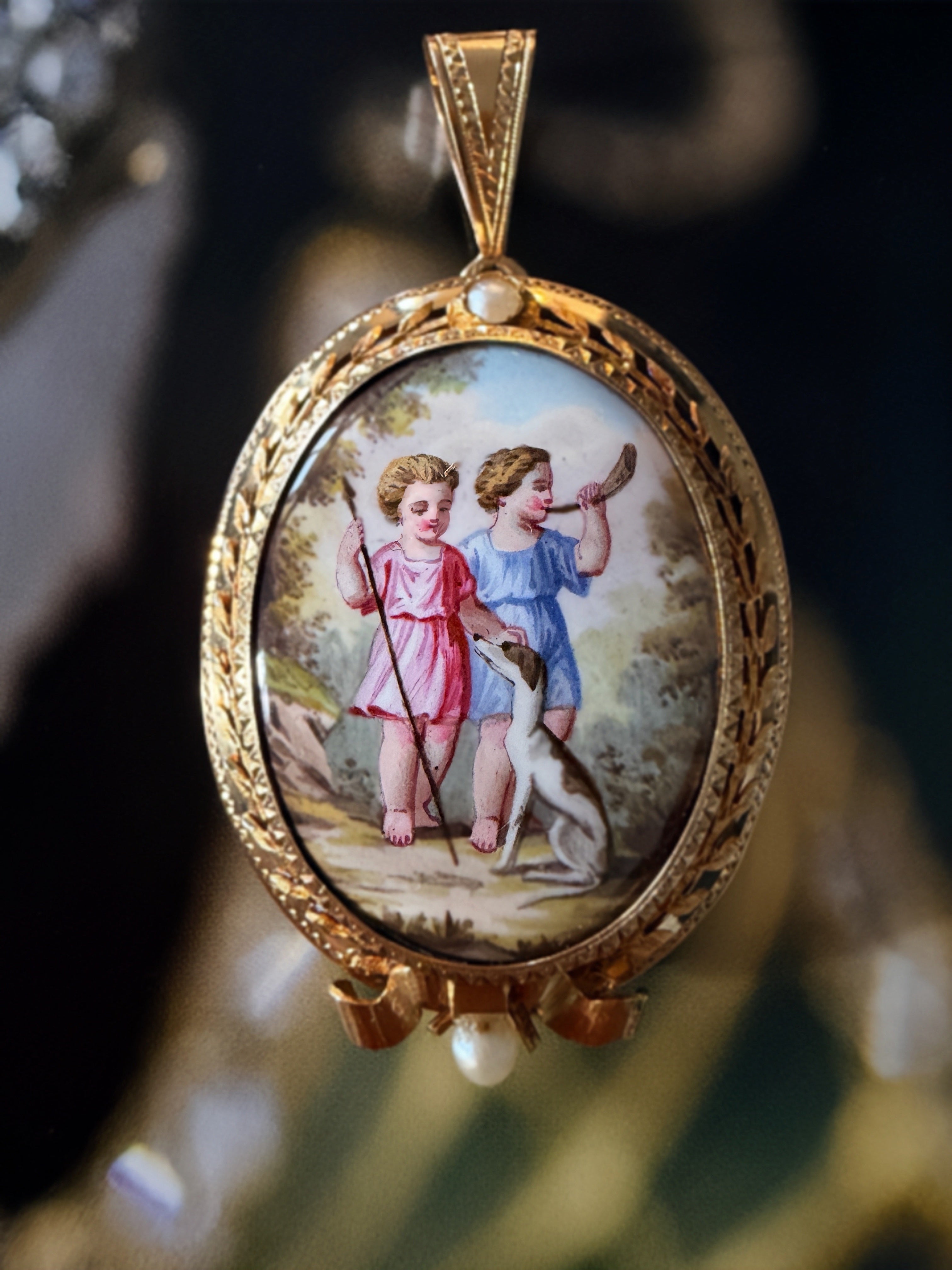 Victorian 18K Gold Enamel Cherubs & Dog Locket Pendant