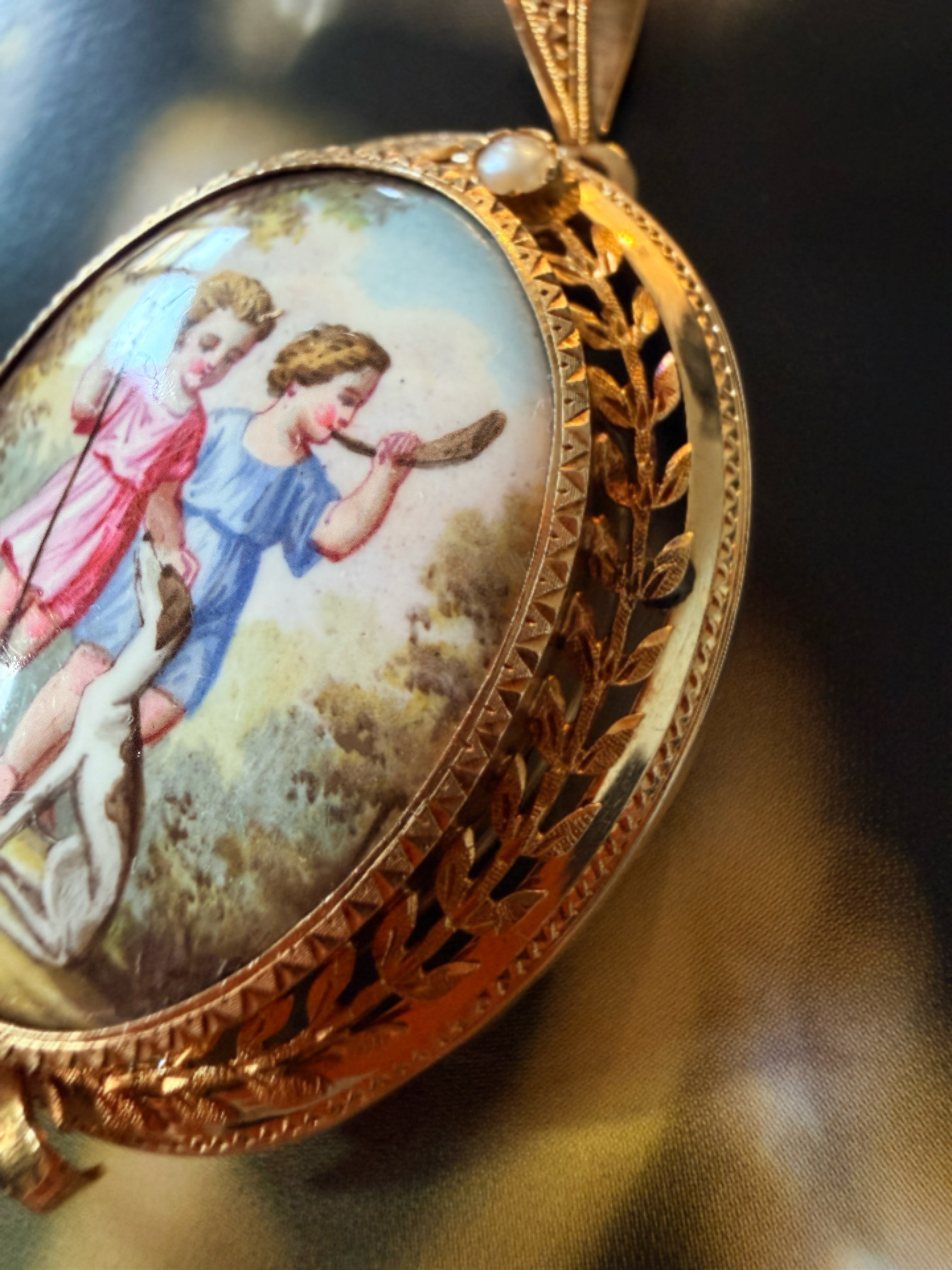 Victorian 18K Gold Enamel Cherubs & Dog Locket Pendant