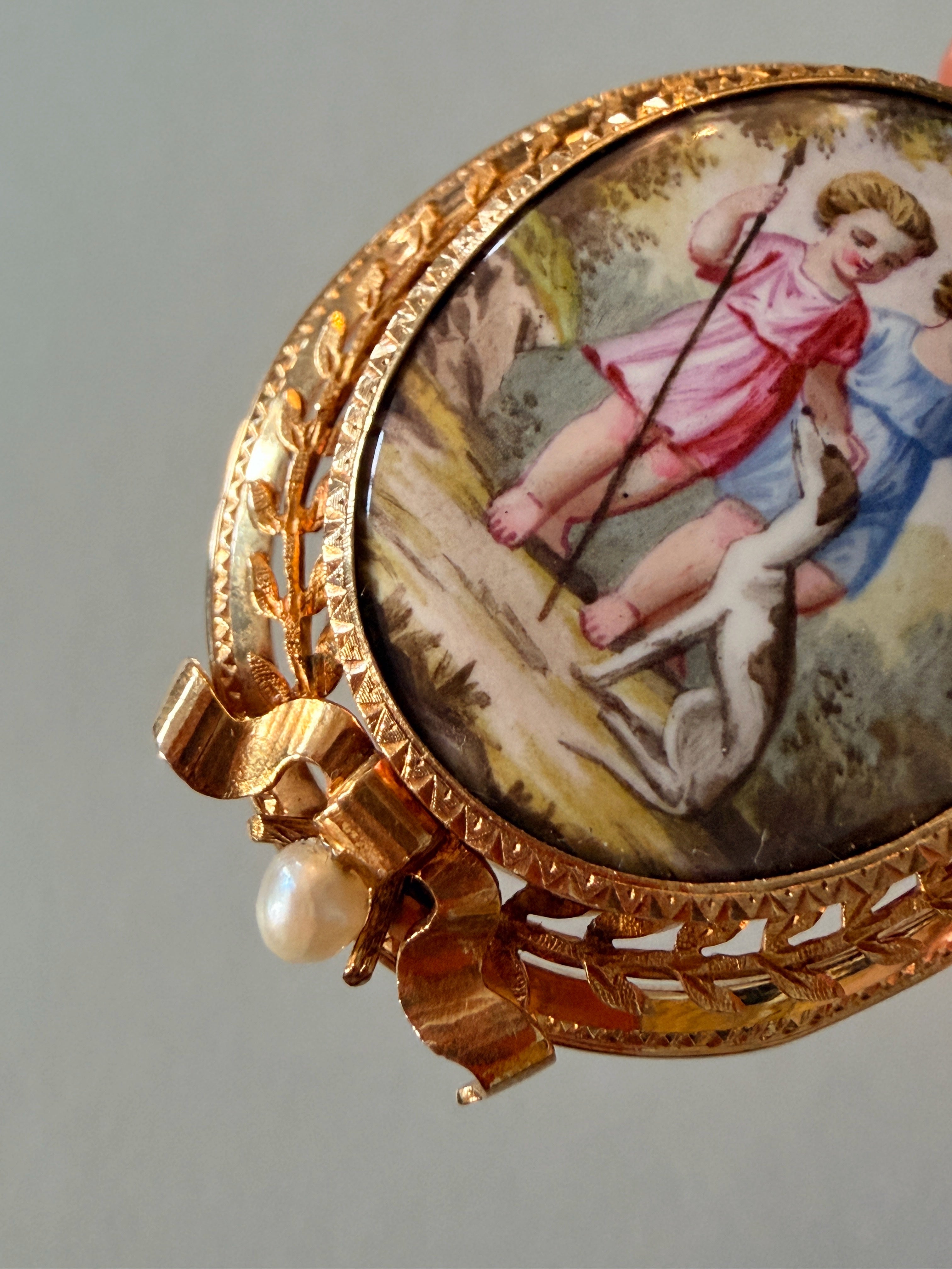 Victorian 18K Gold Enamel Locket Pendant with Cherubs & Dog