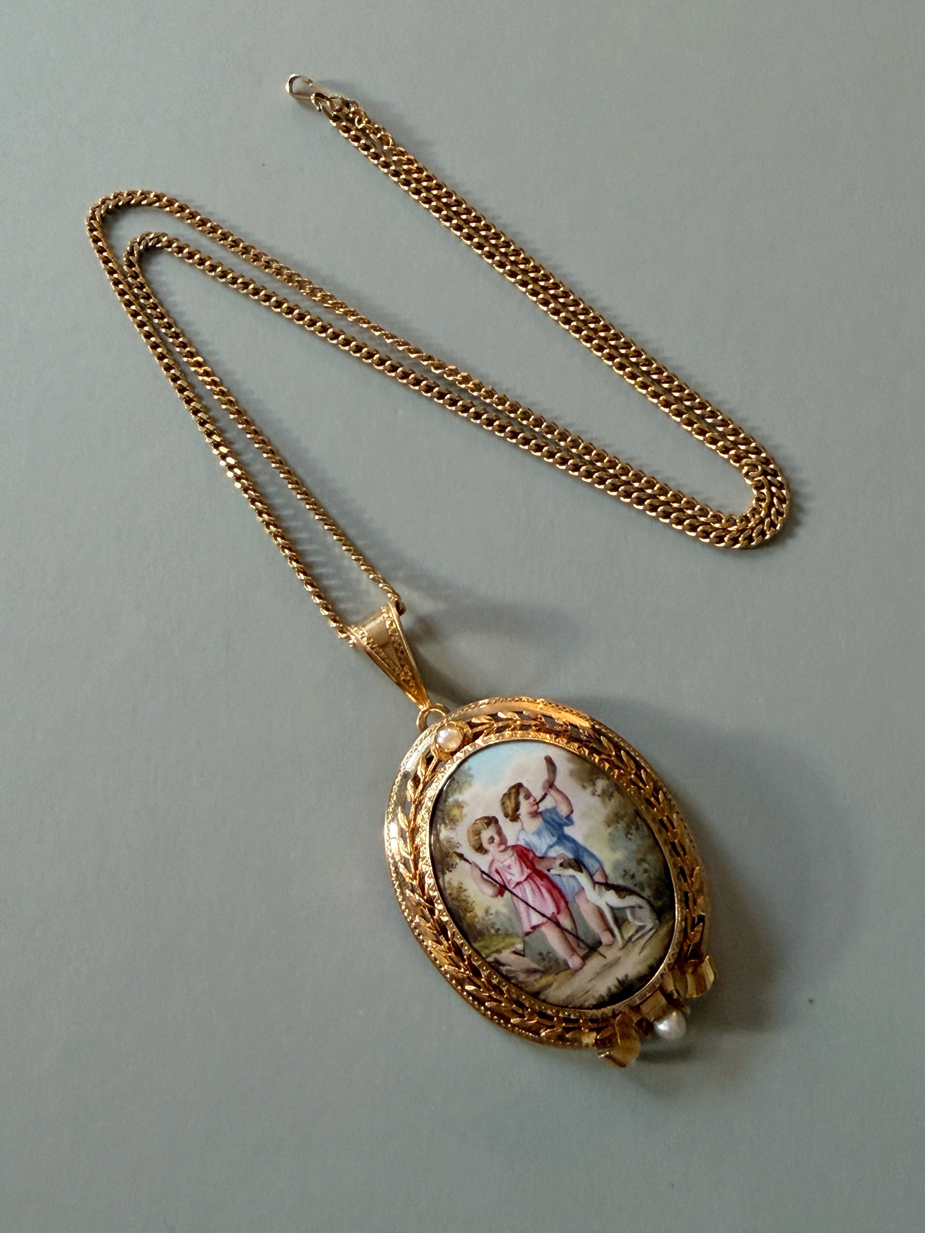 Victorian 18K Gold Enamel Cherubs & Dog Locket Pendant