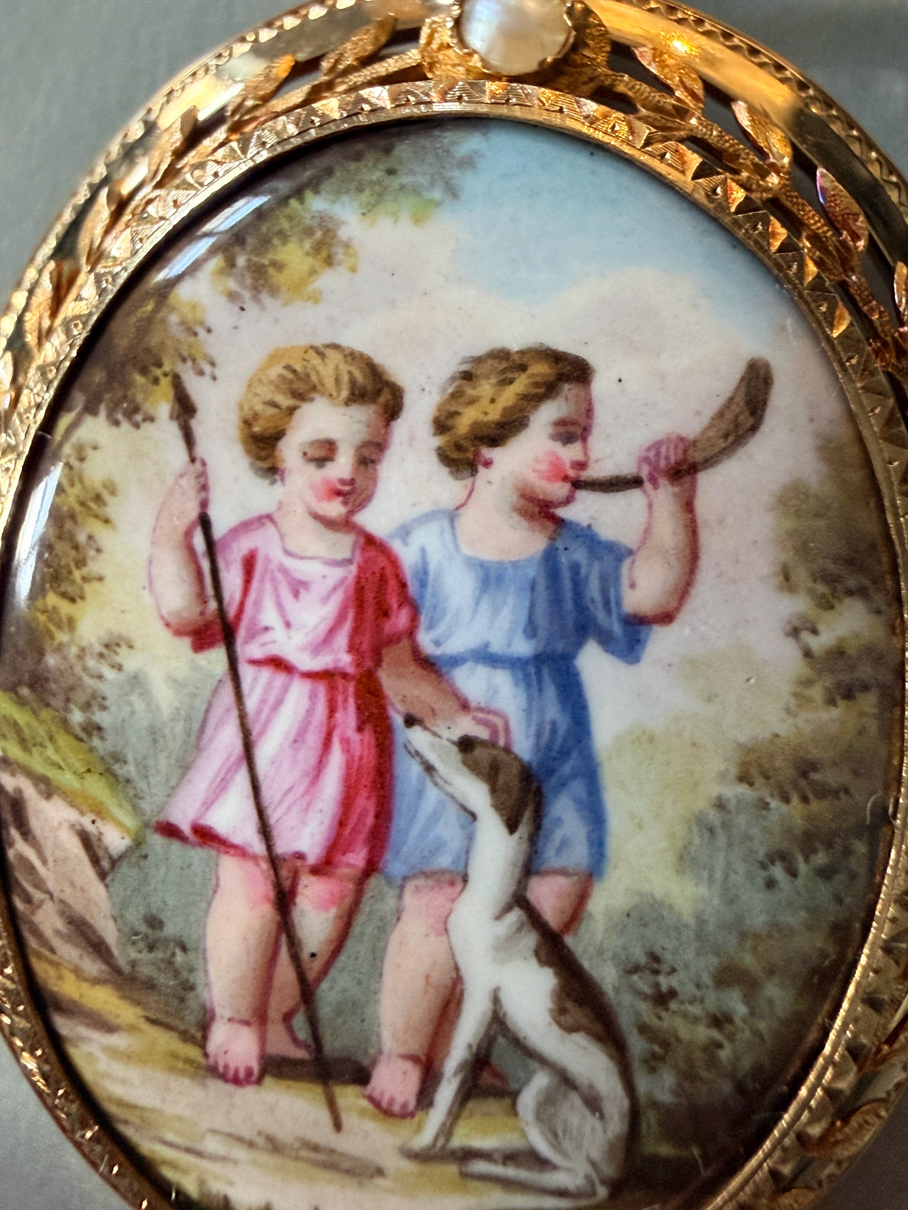 Victorian 18K Gold Enamel Cherubs & Dog Locket Pendant