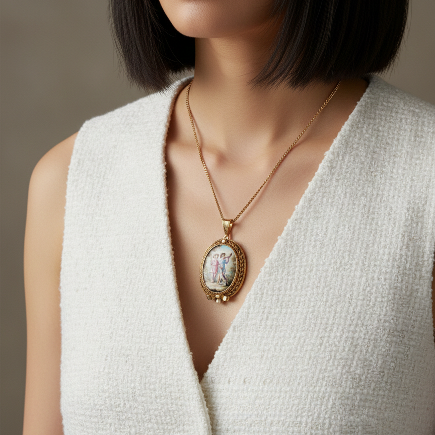 Victorian 18K Gold Enamel Locket Pendant with Cherubs & Dog