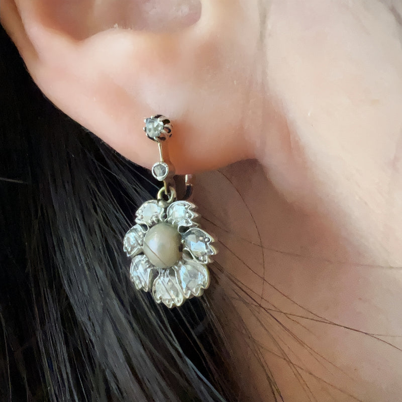 Antique 18K gold pearl diamond flower trembling earrings