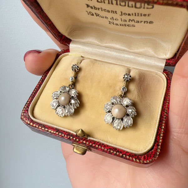 Antique 18K gold pearl diamond flower trembling earrings