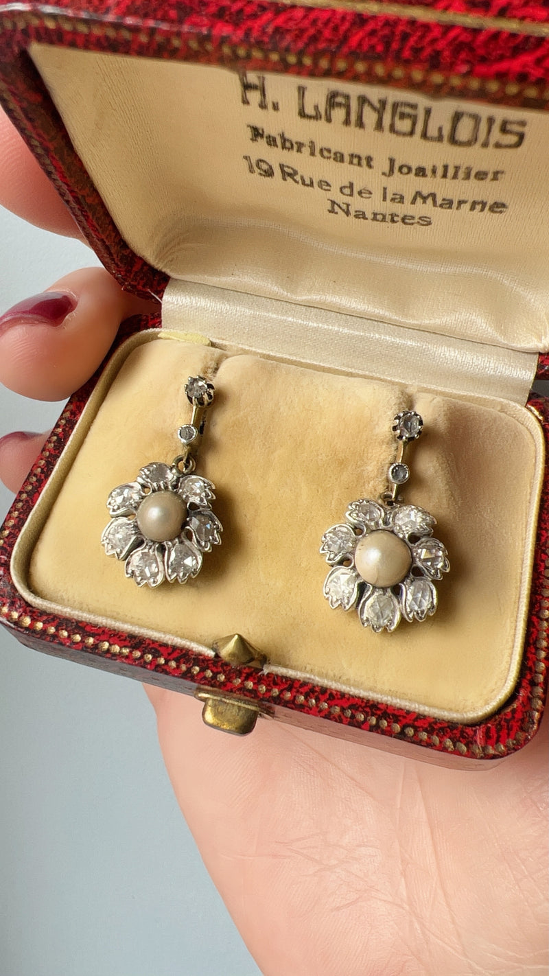 Antique 18K gold pearl diamond flower trembling earrings