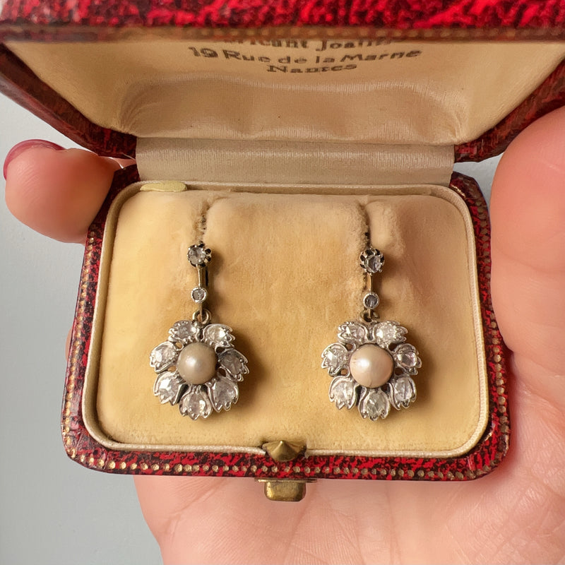 Antique 18K gold pearl diamond flower trembling earrings