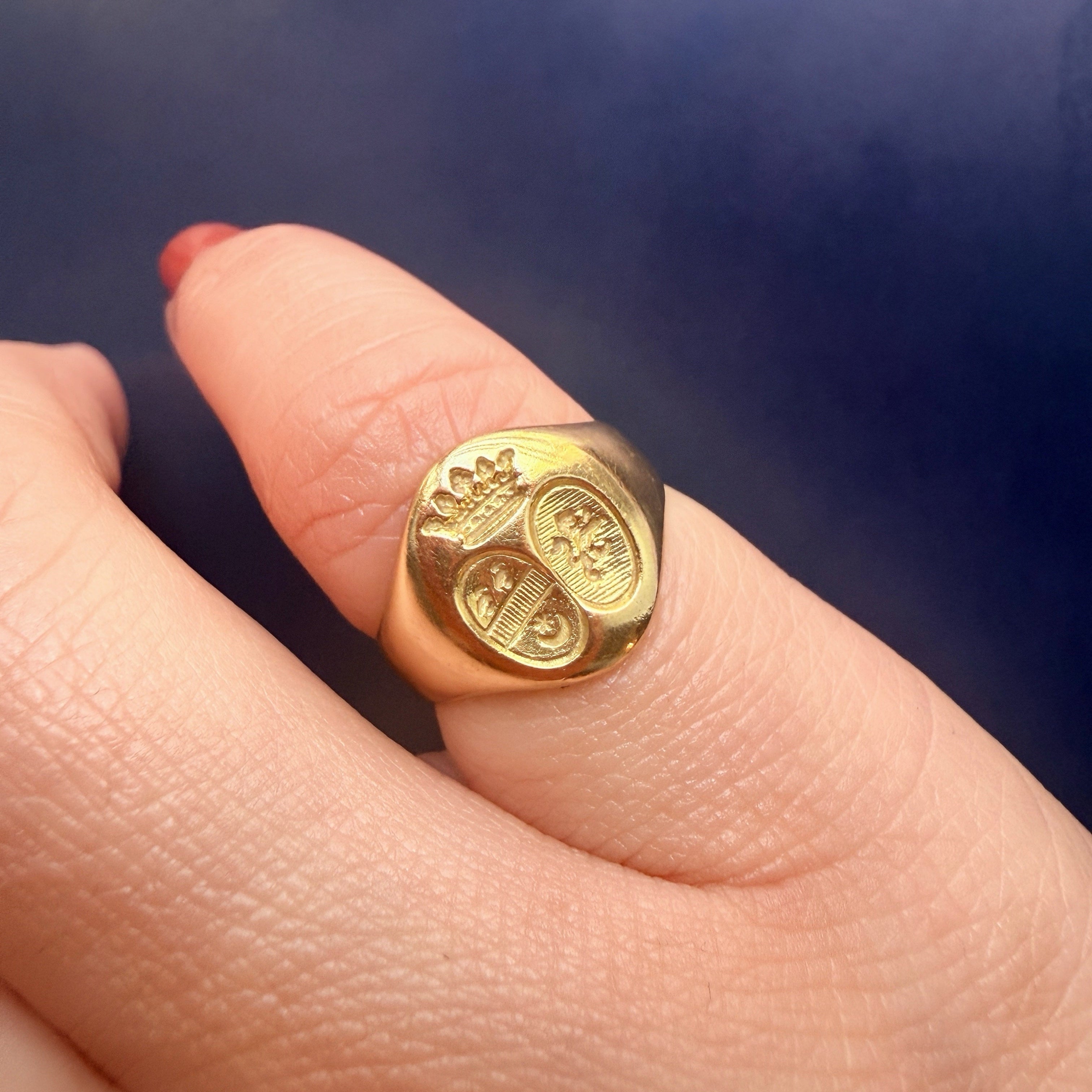 Antique French 18K Gold Signet Ring, Crown & double Coats of Arms