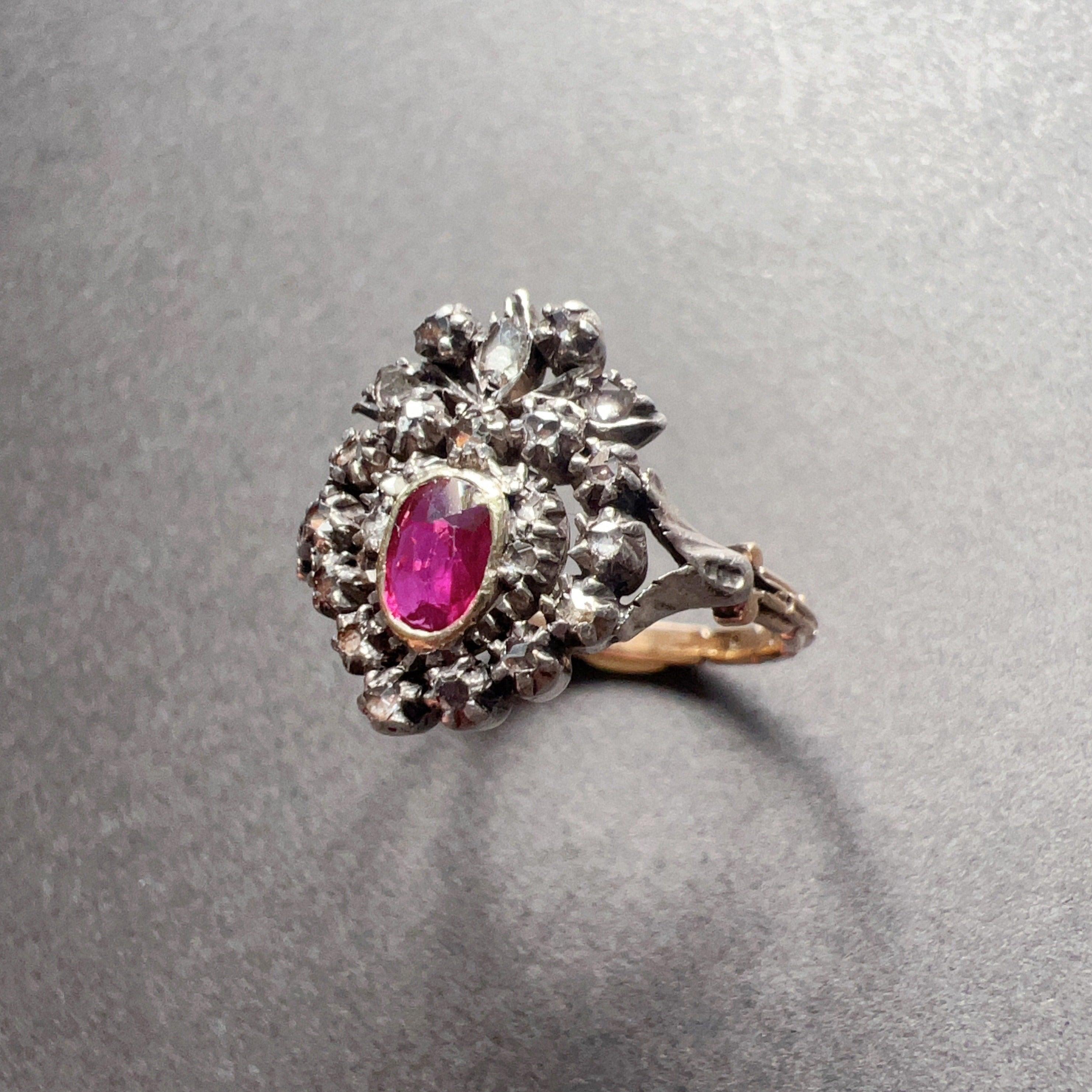 Rare 19th Century 18K Gold Crowned Heart Ruby Diamond ring - Curiously timeless