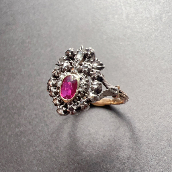 Rare 19th Century 18K Gold Crowned Heart Ruby Diamond ring