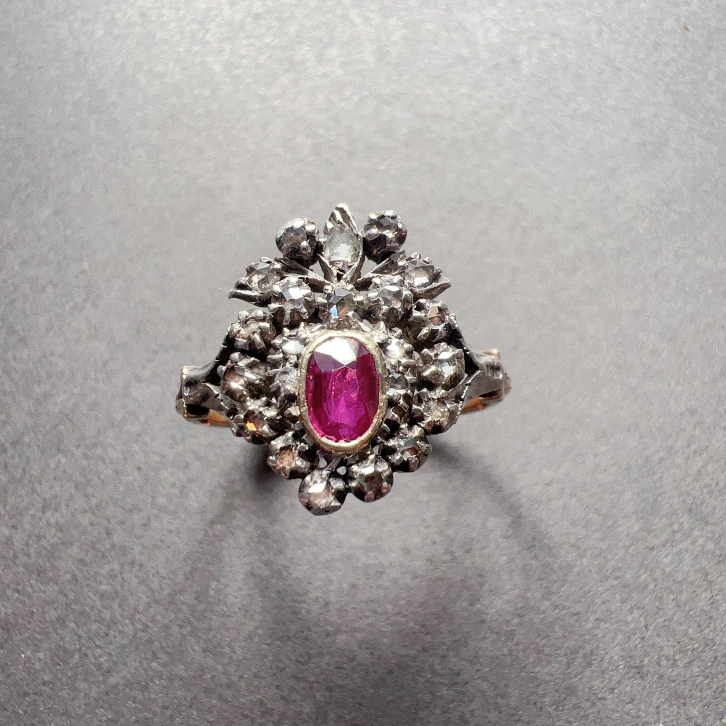 Rare 19th Century 18K Gold Crowned Heart Ruby Diamond ring - Curiously timeless