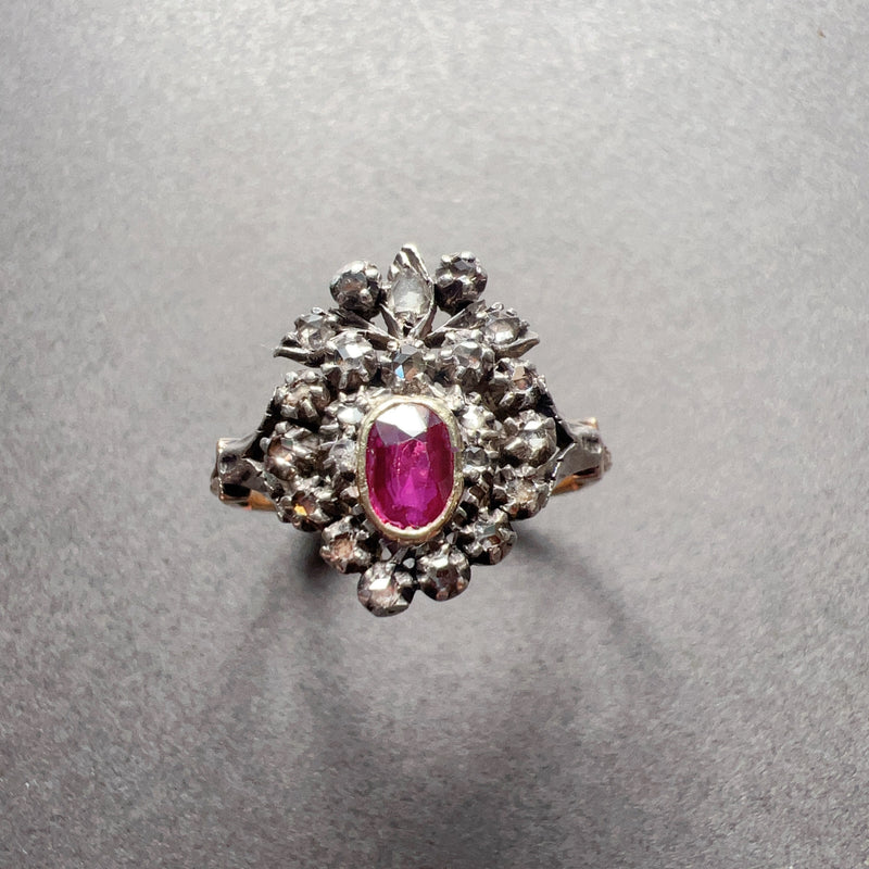 Rare 19th Century 18K Gold Crowned Heart Ruby Diamond ring