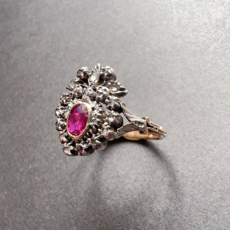 Rare 19th Century 18K Gold Crowned Heart Ruby Diamond ring