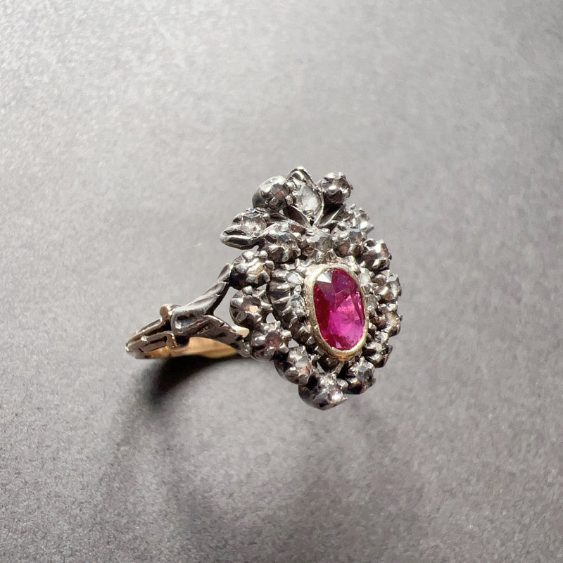 Rare 19th Century 18K Gold Crowned Heart Ruby Diamond ring