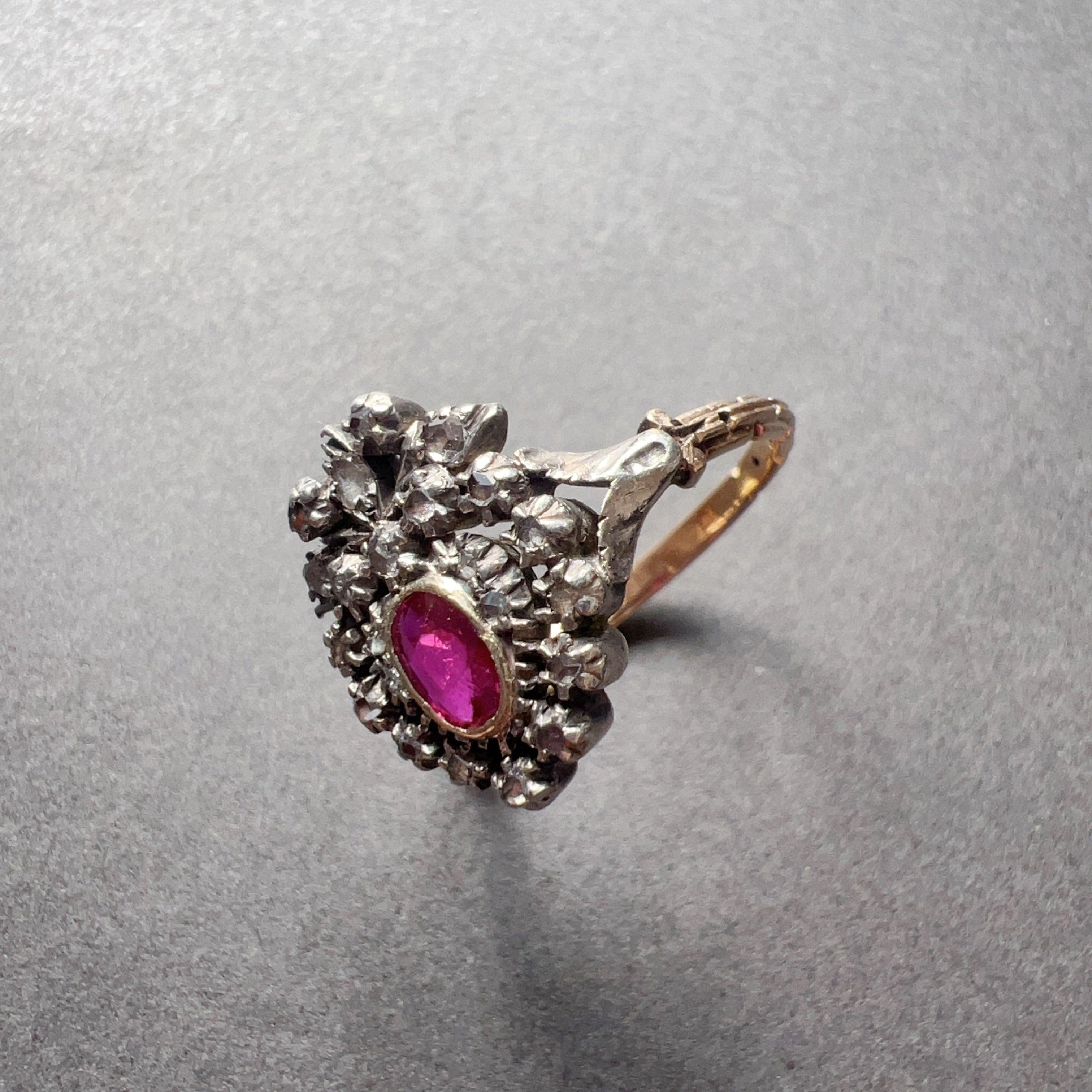 Rare 19th Century 18K Gold Crowned Heart Ruby Diamond ring - Curiously timeless