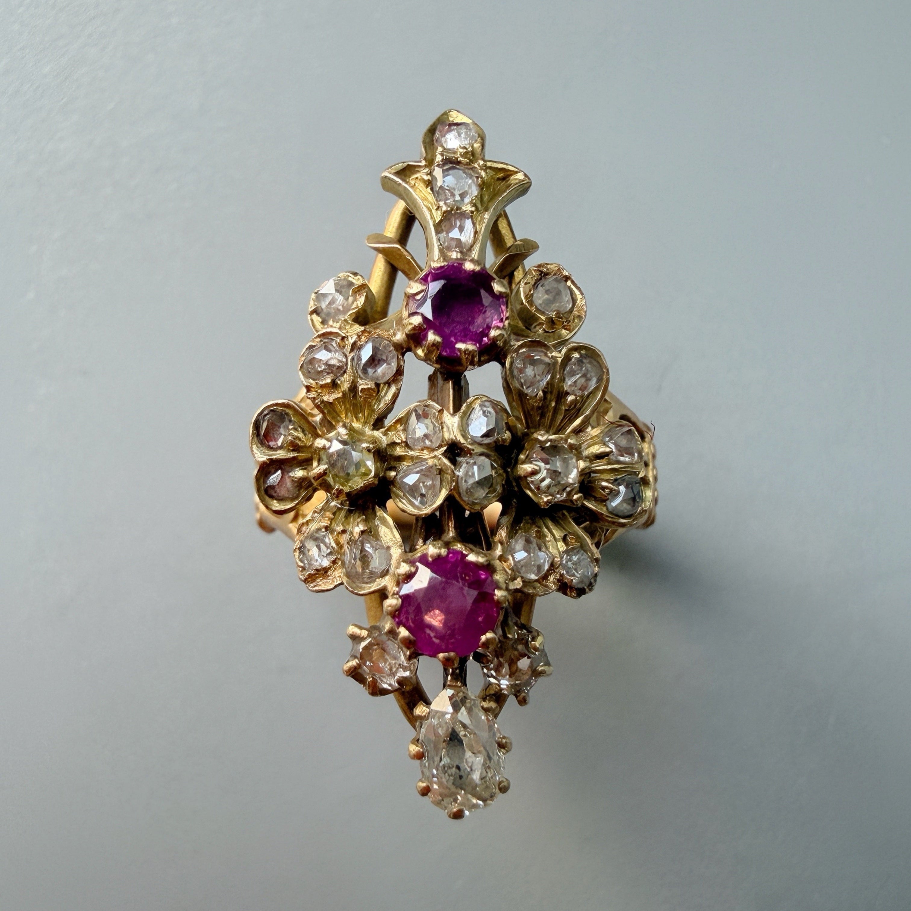 Antique 18K yellow gold diamond ruby flower ring